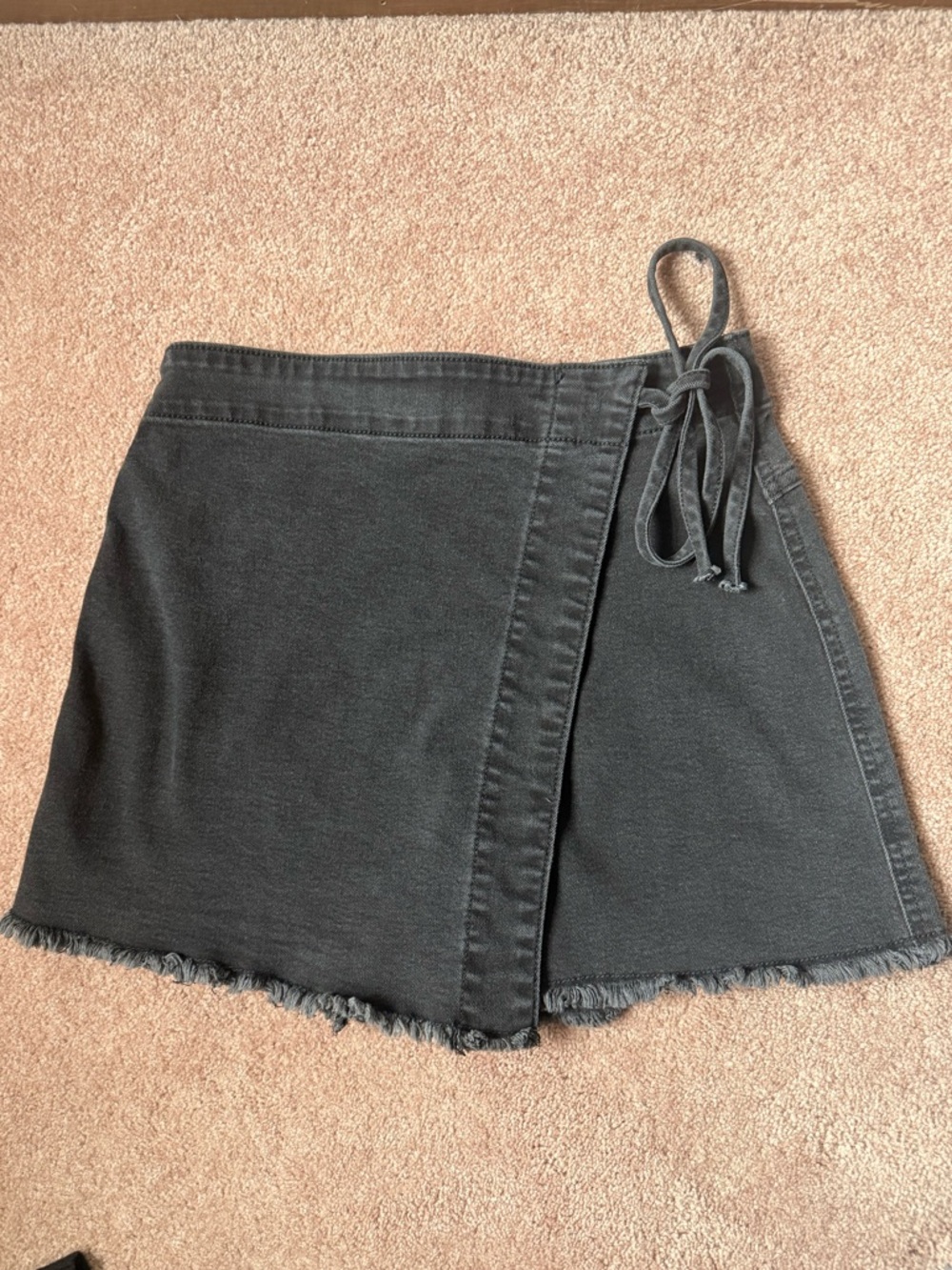 Black Wrap-Style Denim Mini Skirt with Frayed Hem